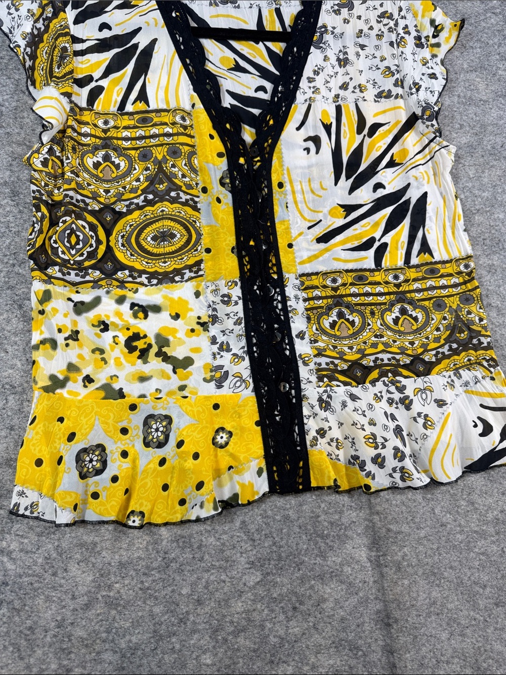 Violet & Claire Patchwork Print Y2K Blouse Yellow Black Small Boho Peplum Top - Picture 5 of 12